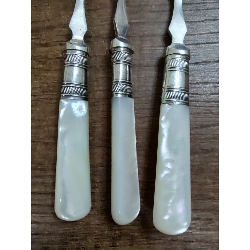 Antique Mother of Pearl Serving Forks Set of 3 Sterling Ferrules EPNS Victorian